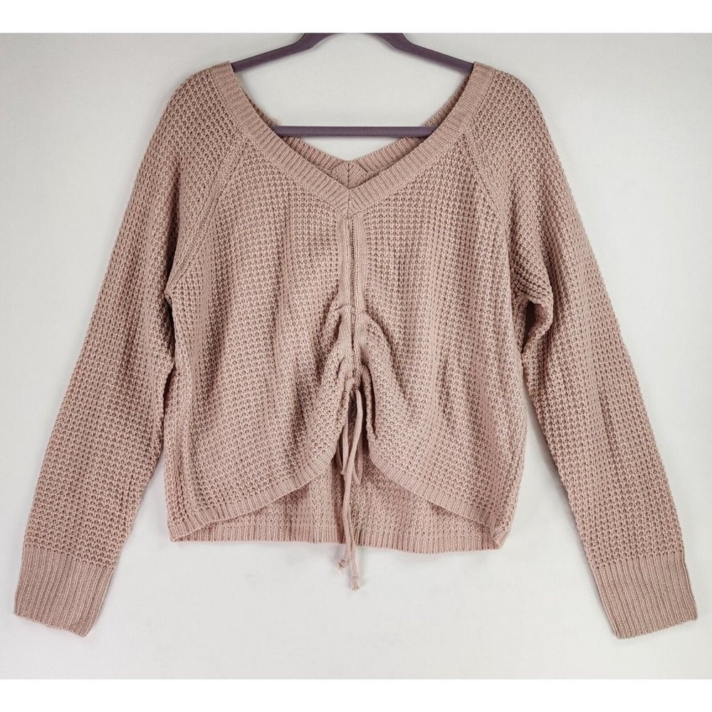 Full Circle Trends Sweater Womens XL Pink Cropped Preppy Cinched Waffle Knit Top